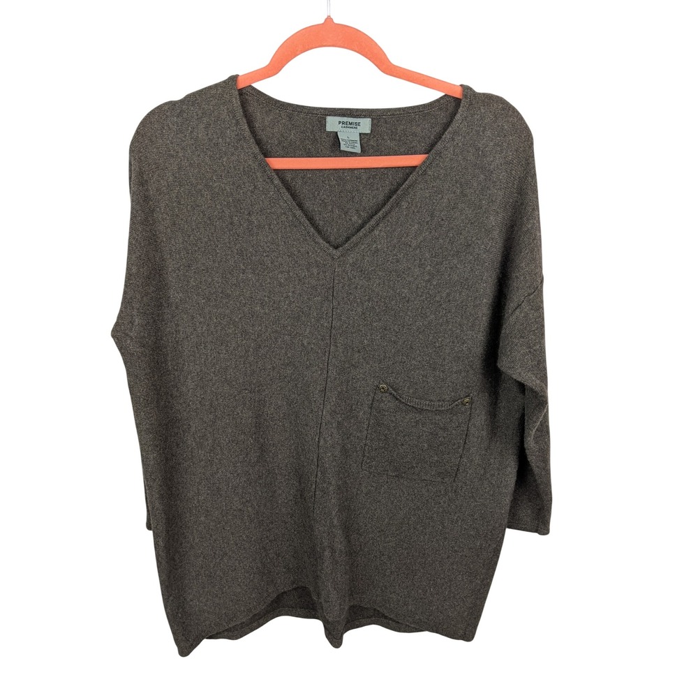 Premise Cashmere V-Neck Sweater Brown 100% Cashmere Studded Pocket Size L